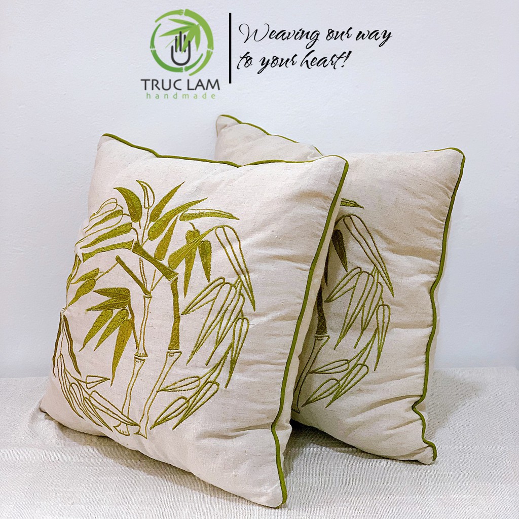 Gối/Vỏ Gối Vuông Tựa Lưng Sofa (45x45) Trang Trí Phòng  Vải Linen Thêu Thủ Công Hình Cành Tre - Trúc Lâm Handmade