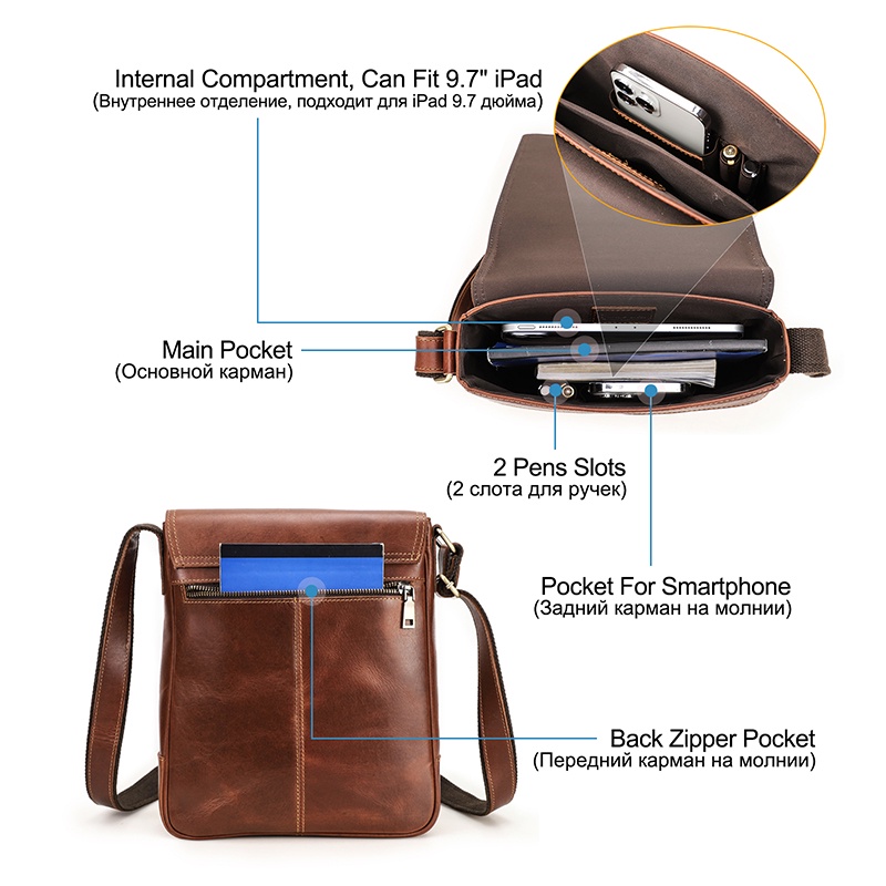 CONTACT'S Túi Da Bò Đeo Chéo Phong Cách vintage Thời Trang Cho Nam, Kích Thước 9.7 inch