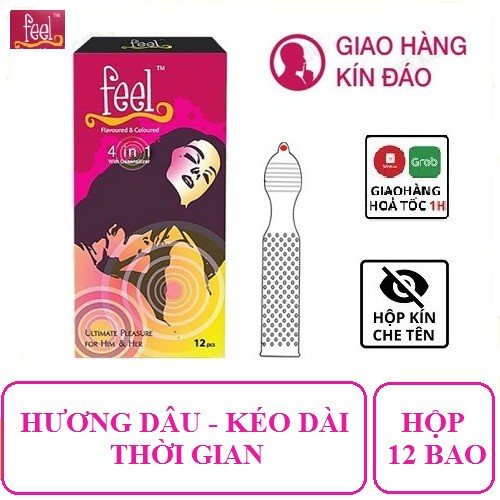 Bao cao su Gai Feel 4 in 1 [CHÍNH HÃNG] Bao cao su Gân Gai Kéo dài thời gian - Hương dâu,Hộp 12 bao, Sự kết hợp hoàn hảo