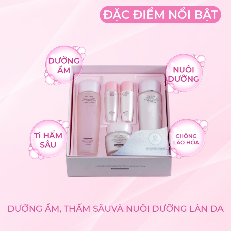 Bộ Skincare Trắng Da Dưỡng Ẩm 3W Clinic 5 in1 Hàn Quốc chiết xuất từ Hoa Hồng Full Sezi giúp da trắng sáng tự nhiên