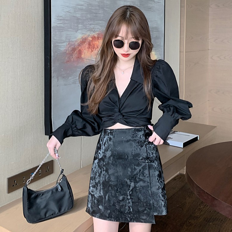 Cocory vn Áo Croptop Tay Dài Thiết Kế Dây Đan Chéo Phong Cách Cổ Điển Gợi Cảm Cho Nữ