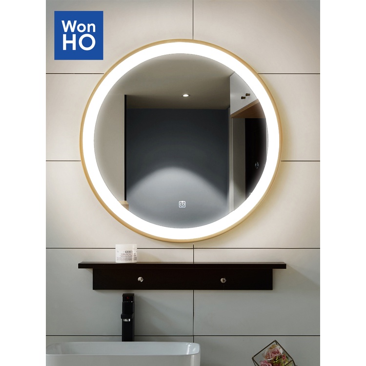 Gương Tròn Có LED treo tường viền vàng óng, sơn tĩnh điện bằng kim loại, phím cảm ứng tắt mở, màu led trắng