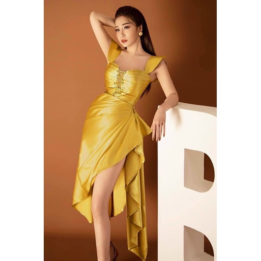 Ms 1240y ĐẦM XẾP LY TÙNG XÉO PHỐI BÈO  ( jum quần ngắn, choàng tùng xoè tà xéo, 5 kim gài )