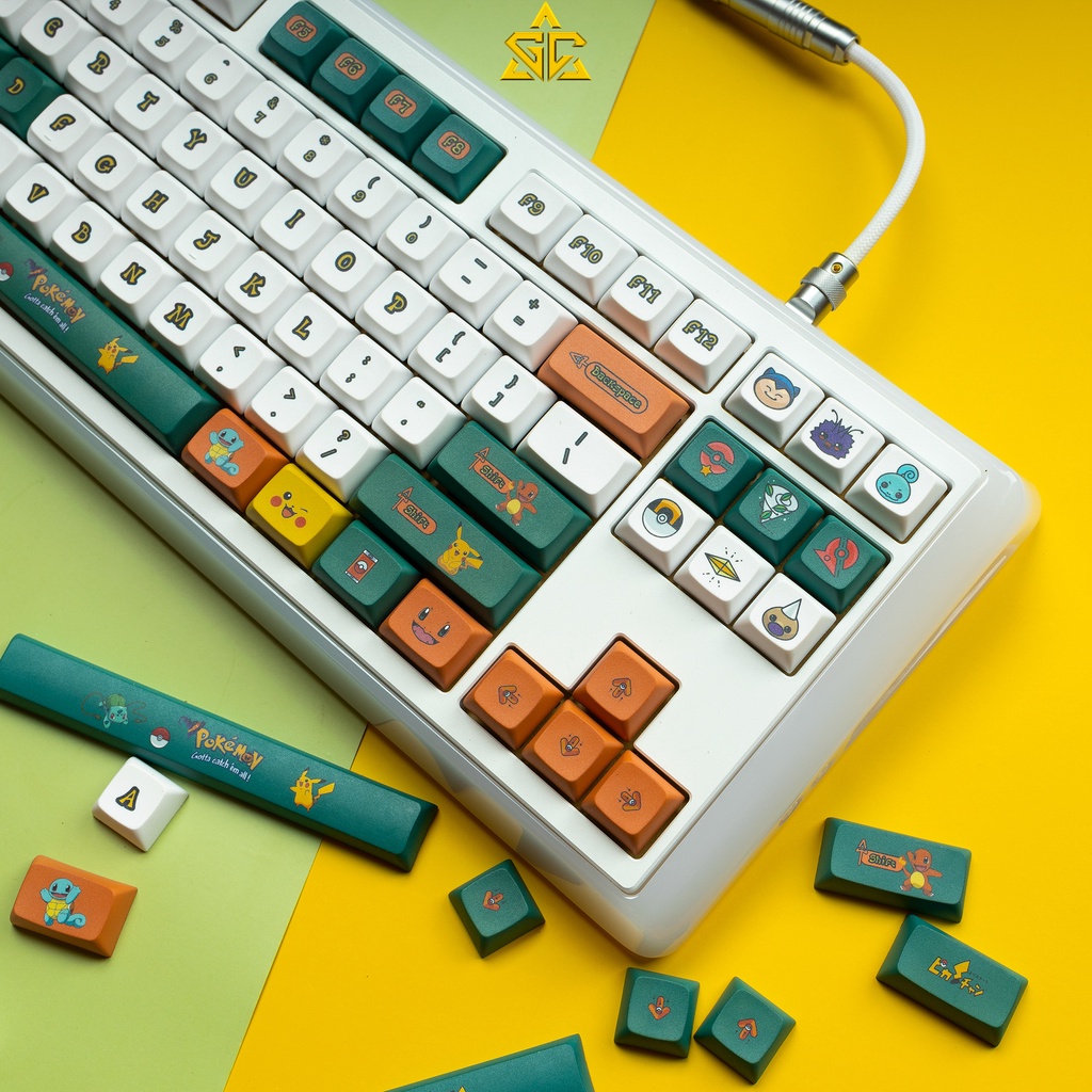 Keycap POKEMON xanh lá 128 nút bàn phím cơ Thick PBT XDA Profile