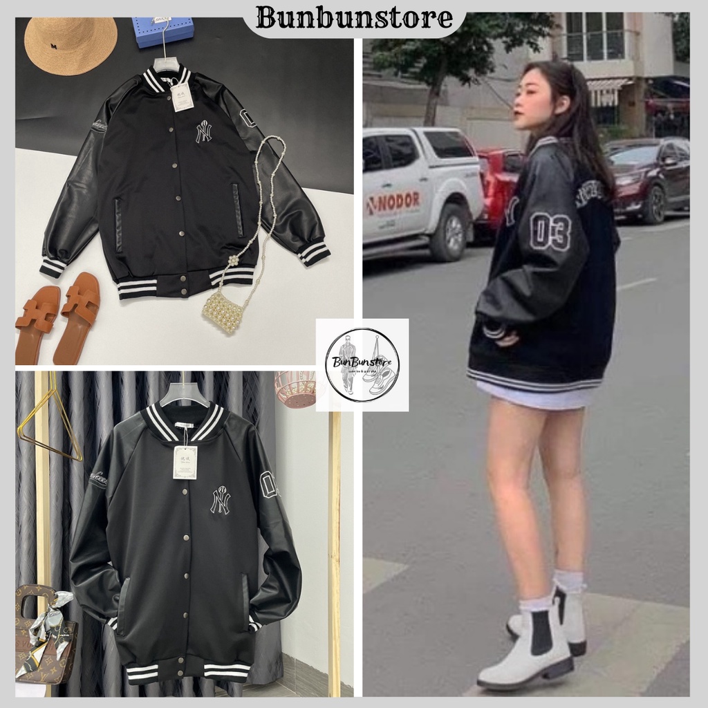 Áo Khoác Bomber NY, Áo Bomber Bóng Chày NY Chất Nỉ Phối Tay Da