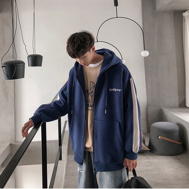 ins Season Áo len có mũ trùm đầu Hàn Quốc Nam Loose Plus Fleece Dây kéo khoác