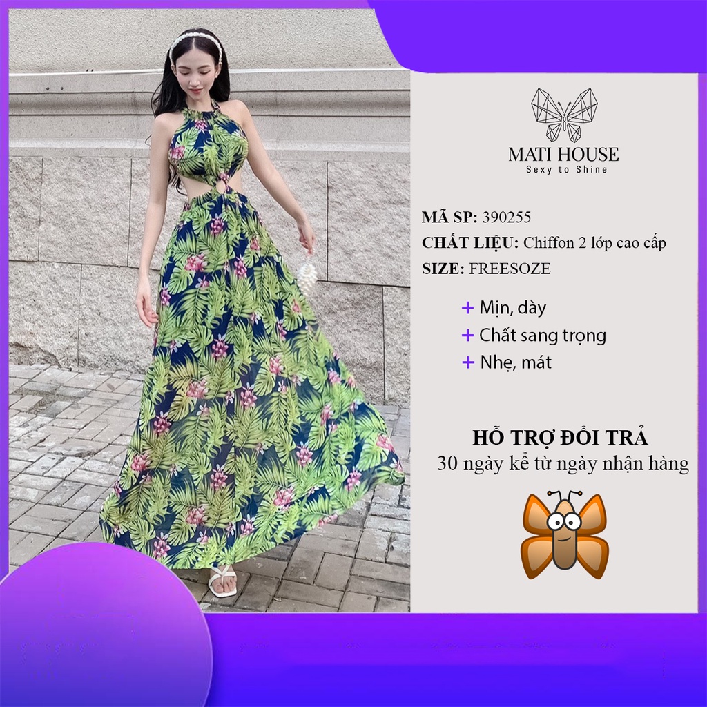 Đầm Maxi Hở Lưng Cổ Yếm Hoa Nhí Dáng Dài Đi Biển Chiffon Cao Cấp Khoét Eo Mati House YD390255
