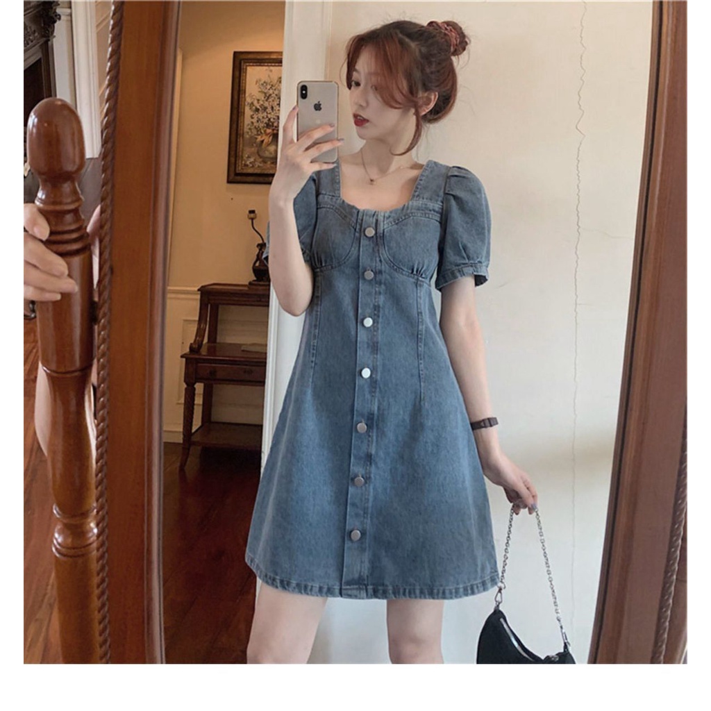 Đầm Denim Tay Phồng Dáng Chữ A Thời Trang Mùa Hè Pháp Thanh Lịch