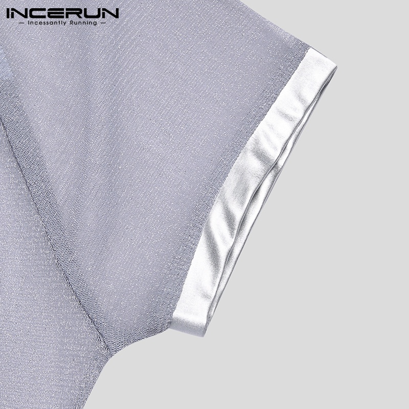 Áo Lưới INCERUN Cổ Tròn Ngắn Tay Vải Sáng Bóng Mềm Mại Xuyên Thấu Thời Trang Mùa Hè Cho Nam
