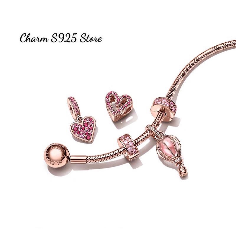 CHARM PAN ALE TREO TIM VÀNG HỒNG ĐÍNH ĐÁ ĐỎ BẠC S925 CAO CẤP