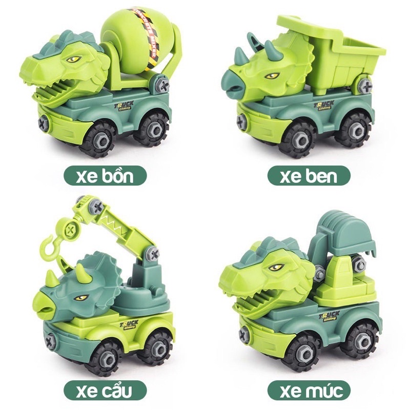 Bộ 4 Xe Khủng Long Tháo Lắp Kèm Tua Vít Chất Nhựa Cao Cấp Mô Hình Đồ Chơi Ô Tô Cho Bé Trai Từ 2 Đến 8 Tuổi