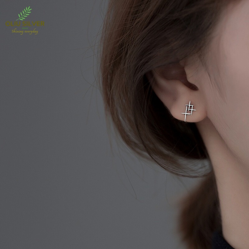 Bông Tai Bạc Thái S925 Retro Cross Star Ngôi Sao Trẻ Trung Cá Tính | Khuyên Tai Nữ Trang Sức Bạc Thời Trang