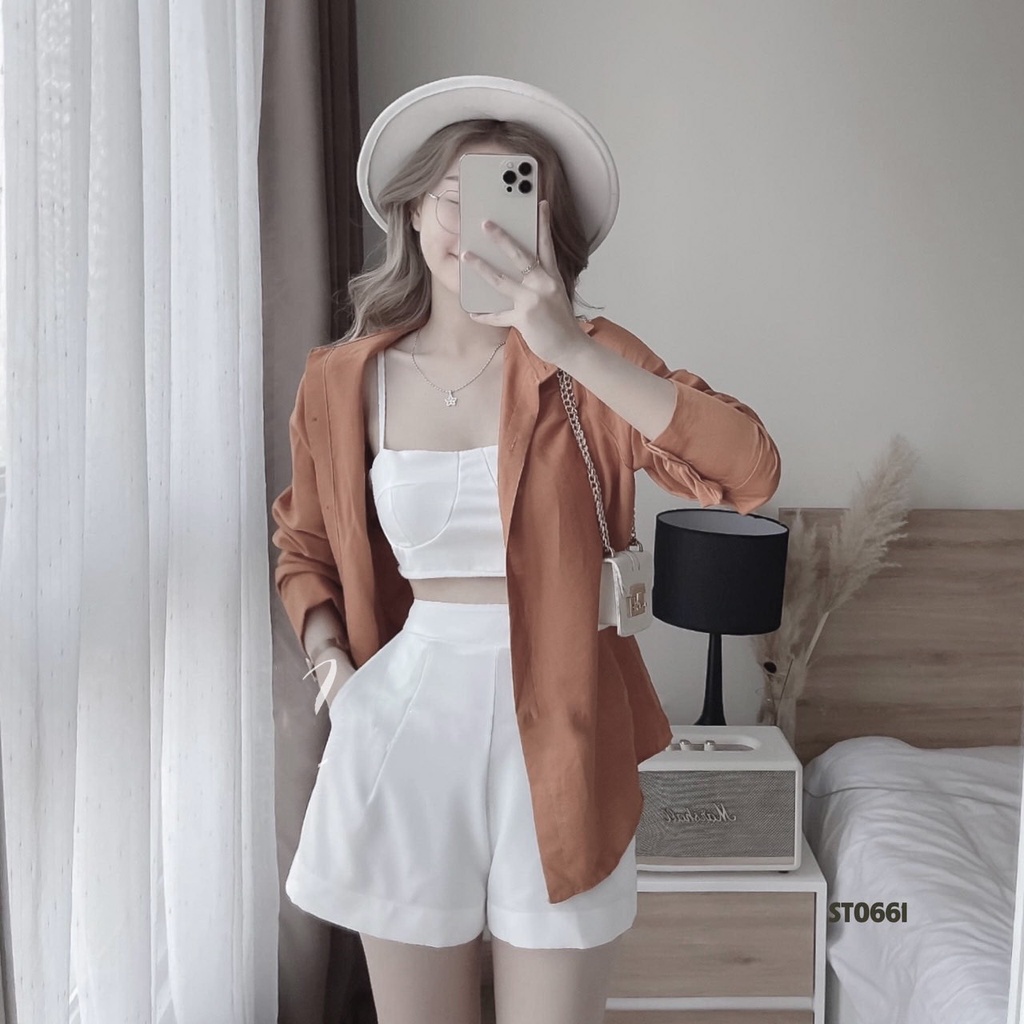 Sét Áo Sơ Mi 3 Món Gồm: Áo Sơ Mi Thụng, Áo Cúp Ngực Có Chun Sau Lưng + Áo Thun Tay Lỡ Chất Cotton | BigBuy360 - bigbuy360.vn