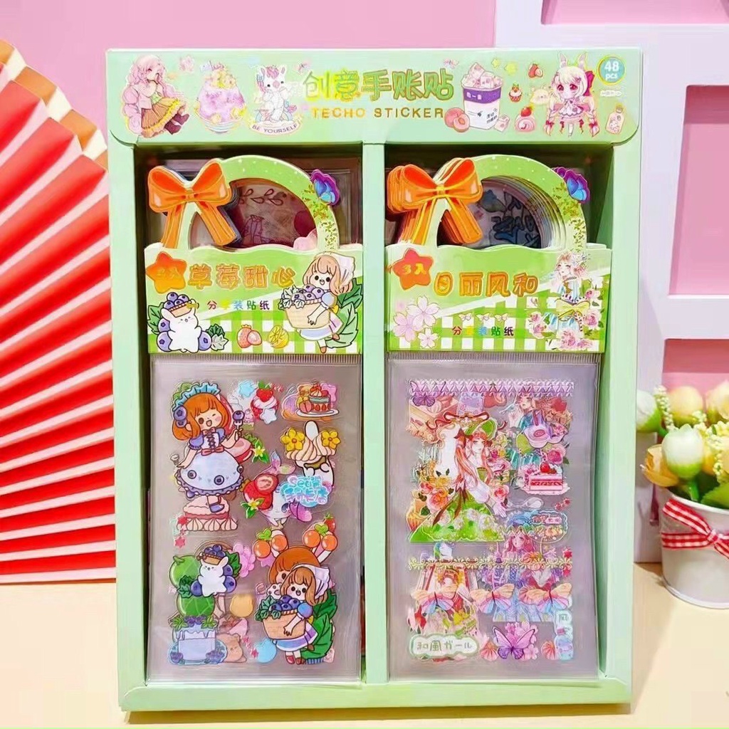 Set túi sticker quai 3 tấm cắt sẵn PET không thấm nước dễ thương nhiều chủ đề, trang trí bukao
