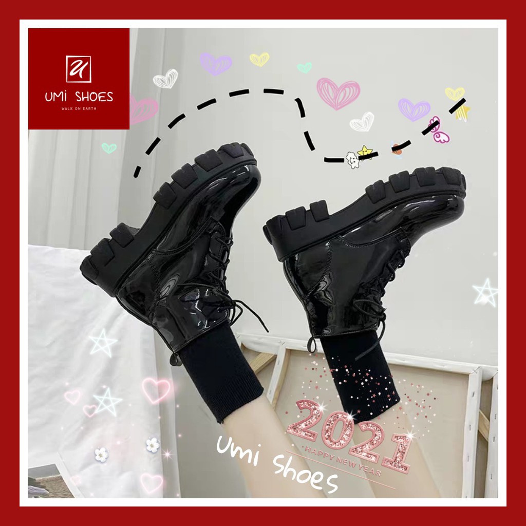 Giày bốt nữ ulzzang cổ lửng da bóng/da lì đế cao 5cm to bự cá tinh màu đen buộc dây mẫu mới hot trend | BigBuy360 - bigbuy360.vn