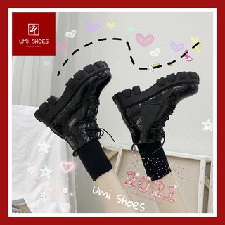 Giày bốt nữ ulzzang cổ lửng da bóng/da lì đế cao 5cm to bự cá tinh màu đen buộc dây mẫu mới hot trend