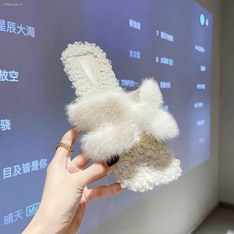 Dép quai ngang đế bằng phối lông cừu phong cách mùa đông cho nữ