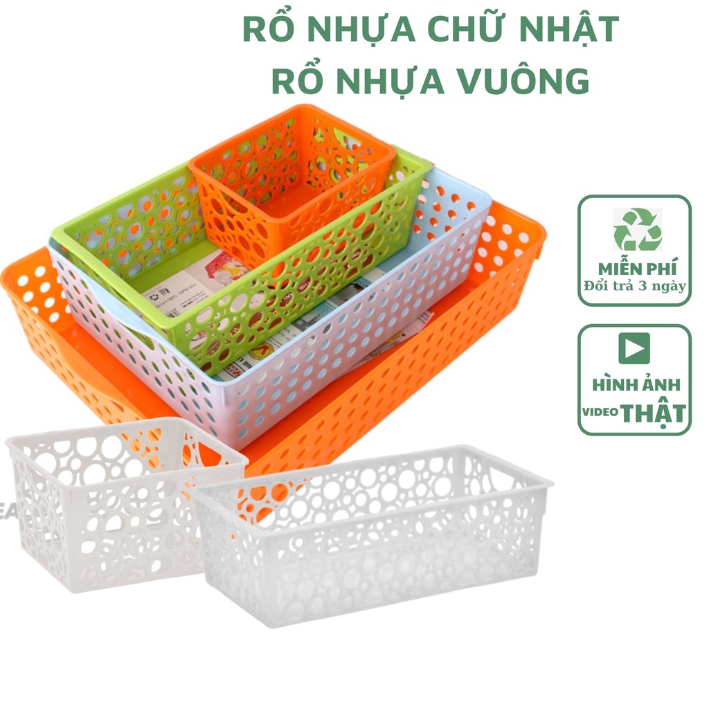 Rổ nhựa vuông chữ nhật đan lỗ tròn đựng trái cây nhiều kích thước C0