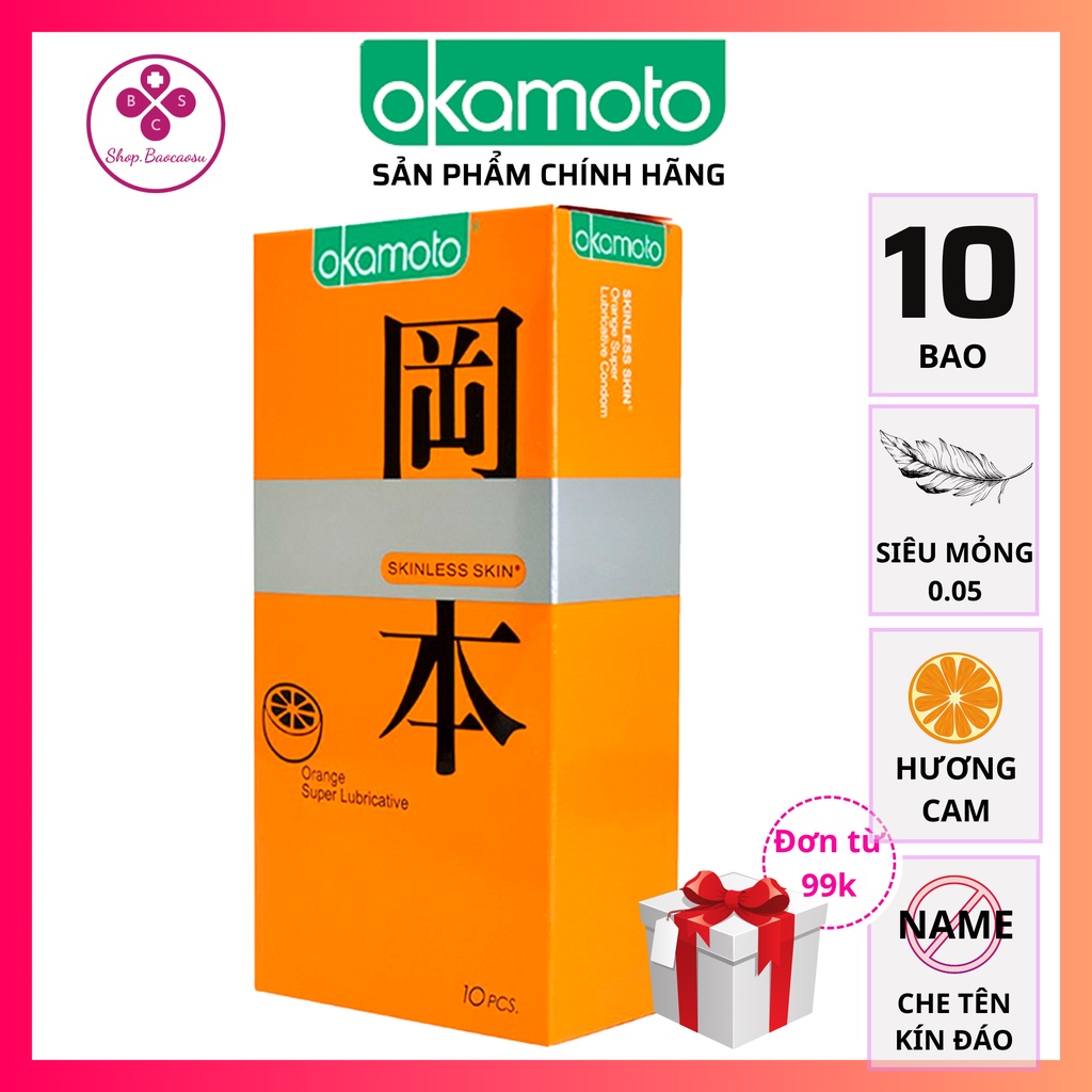 Bao cao su siêu mỏng okamoto kéo dài thời gian bcs hương cam orange hộp 10 chiếc nhiều gel bôi trơn