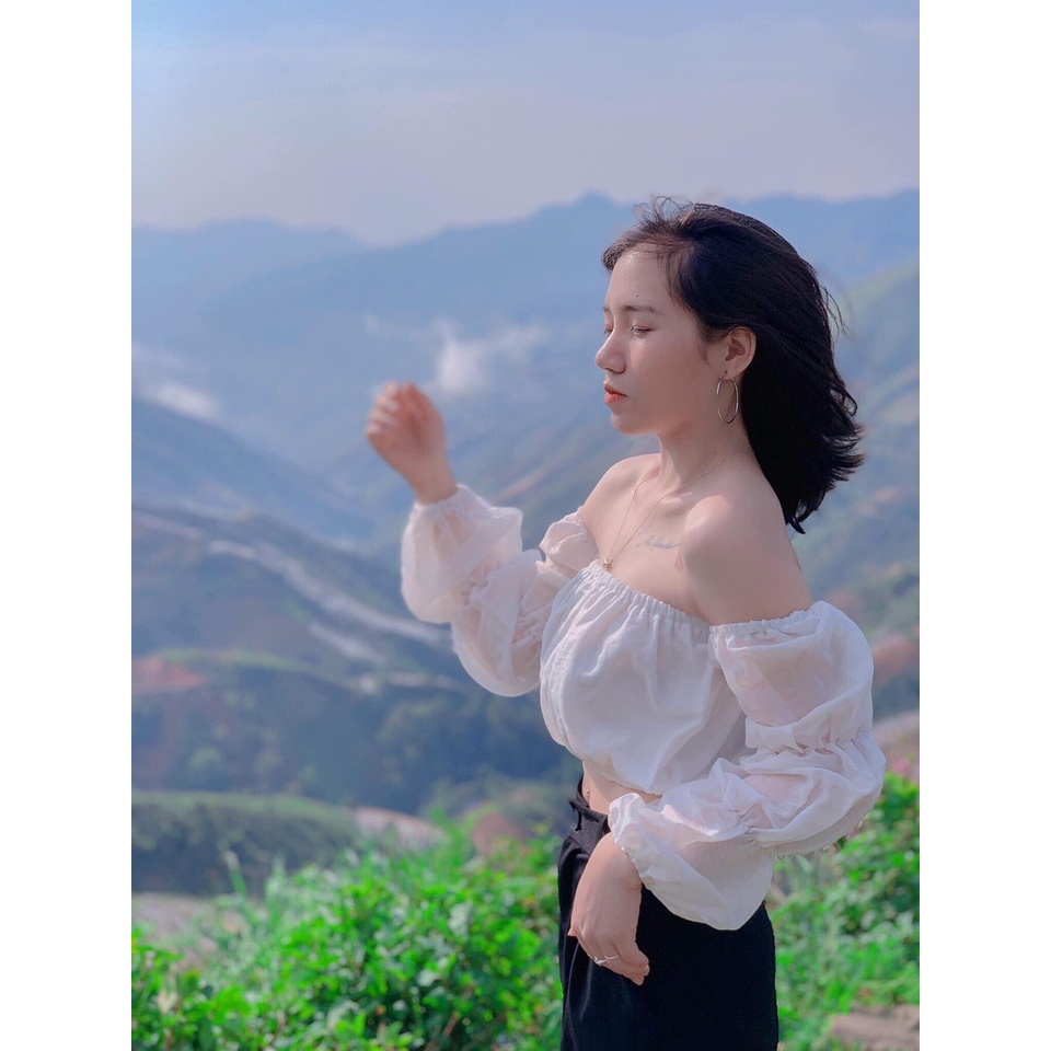 Áo trễ vai croptop tay bồng tiểu thư, Áo hở vai gợi cảm 2 màu trắng/đen - KemStudio