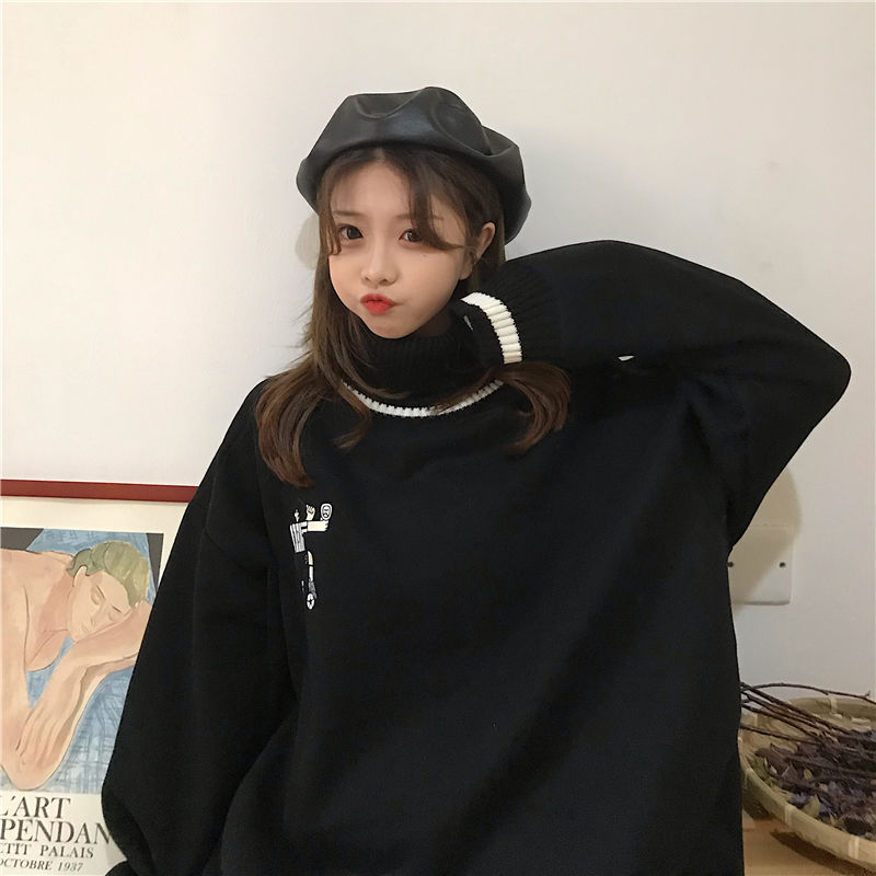 Áo Sweater Cổ Cao Dáng Rộng Phối Nhung Dày Kiểu Hàn Quốc Cá Tính | BigBuy360 - bigbuy360.vn