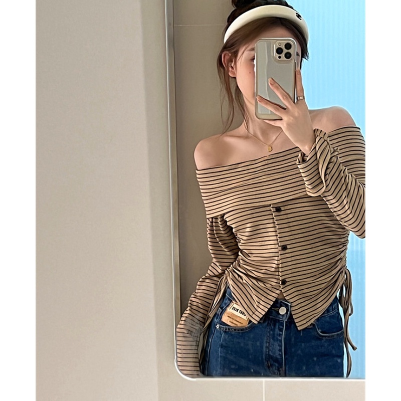 Áo Thun Dài Tay Phối Dây Rút Hoa Văn Kẻ Sọc Thời Trang Dành Cho Nữ