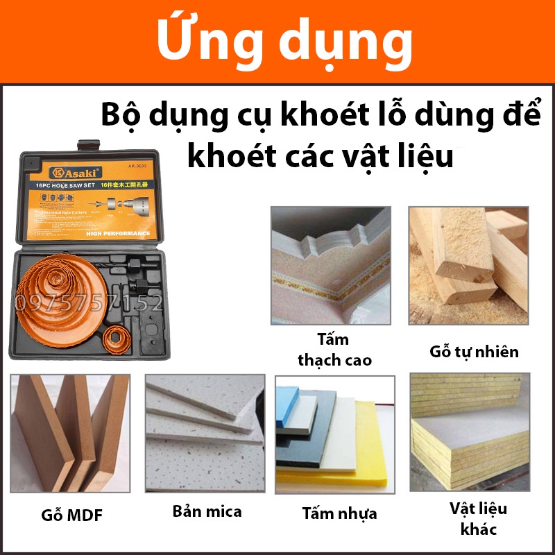 Bộ 12 mũi khoan khoét lỗ tròn thạch cao gỗ hãng Asaki AK-3683, bộ khoét lỗ trần thạch cao tạo lỗ loa, khoét nhựa hợp kim