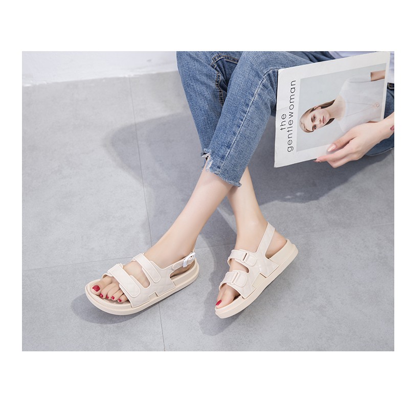 [HCM] Sandal Nữ Đế Bằng 2 Quai Dán Chất Liệu Cao Su Chống Nước