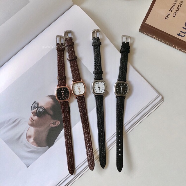 Đồng hồ nữ dây da mặt vuông RATE nâu mặt đen đồng hồ nữ mặt nhỏ chính hãng Watchesbytif đẹp giá rẻ chống nước size 22mm | BigBuy360 - bigbuy360.vn