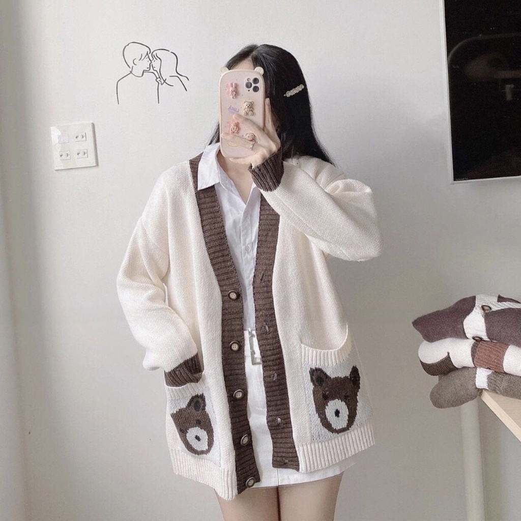 Áo khoác tiểu thư cardigan len hình gấu hai túi form rộng chùm mông hàng Quảng Châu loại 1 - Docle