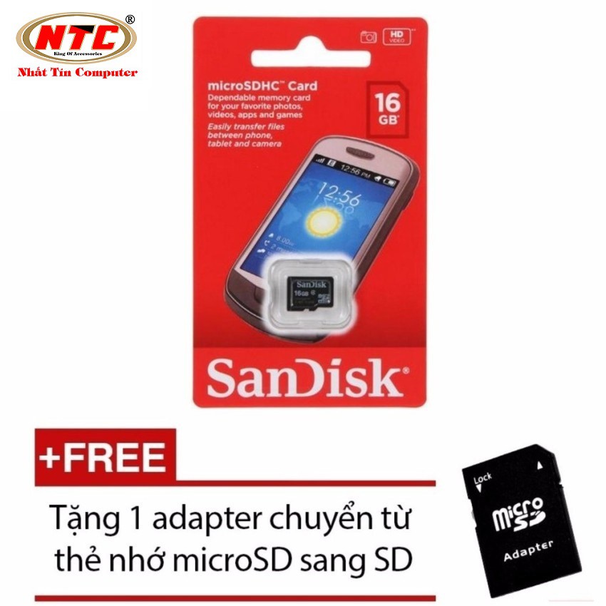 Thẻ nhớ MicroSDHC Sandisk 16GB Class 4 + Tặng 01 adapter microSD