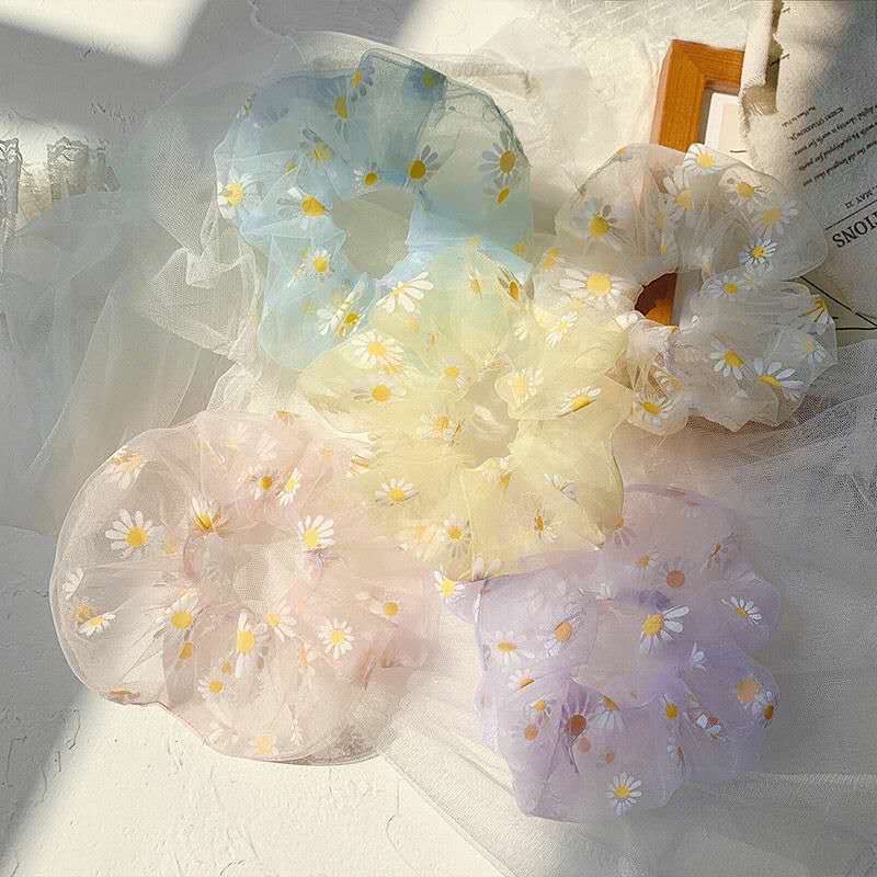 Cột tóc vải Scrunchies họa tiết hoa cúc - dây thun chun buộc tóc vải các màu vintage Hàn Quốc