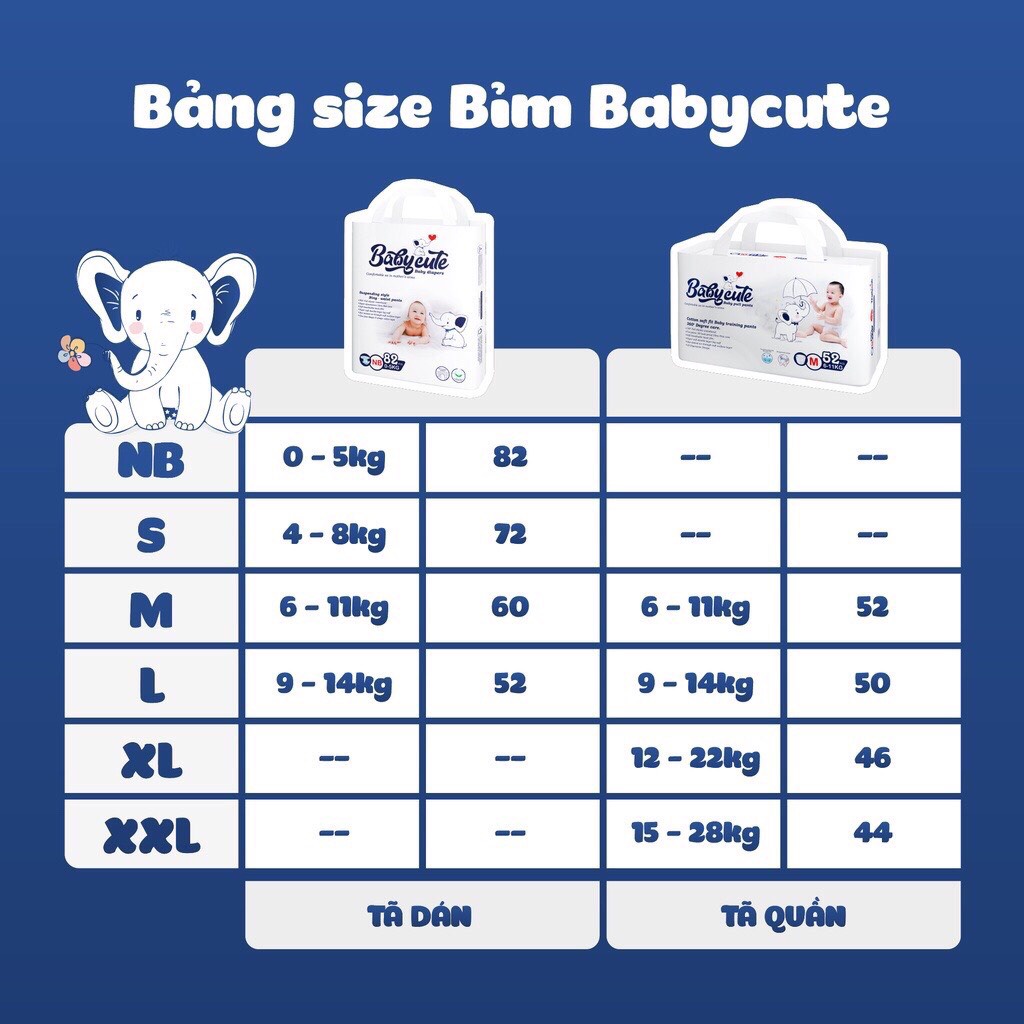 Bỉm Quần/Dán Baby Cute size (NB82-S72-M60-M52-M52-L50-XL46-XXL44