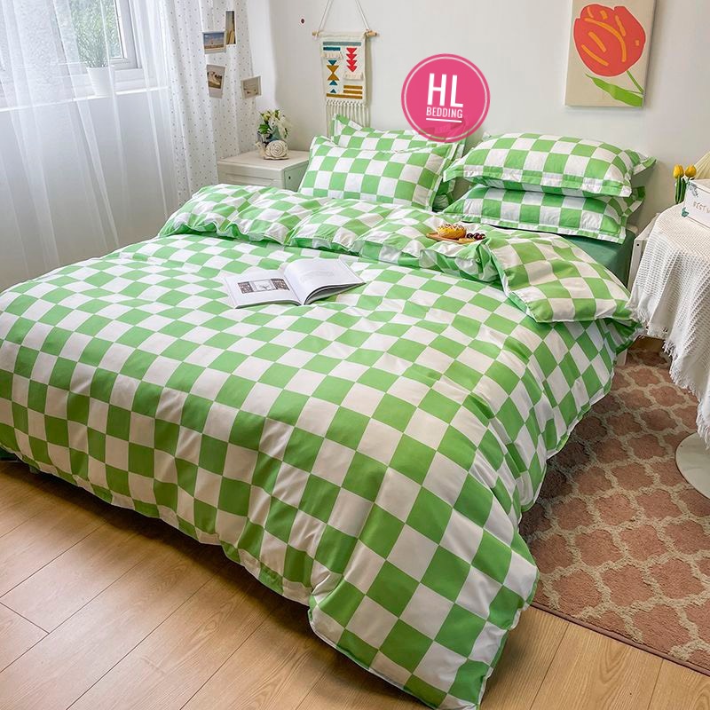 Bộ chăn ga Cotton Poly HL bedding chăn ga Hàn Quốc Bàn cờ vua caro ô vuông xanh lá trắng đủ size miễn phí bo chun