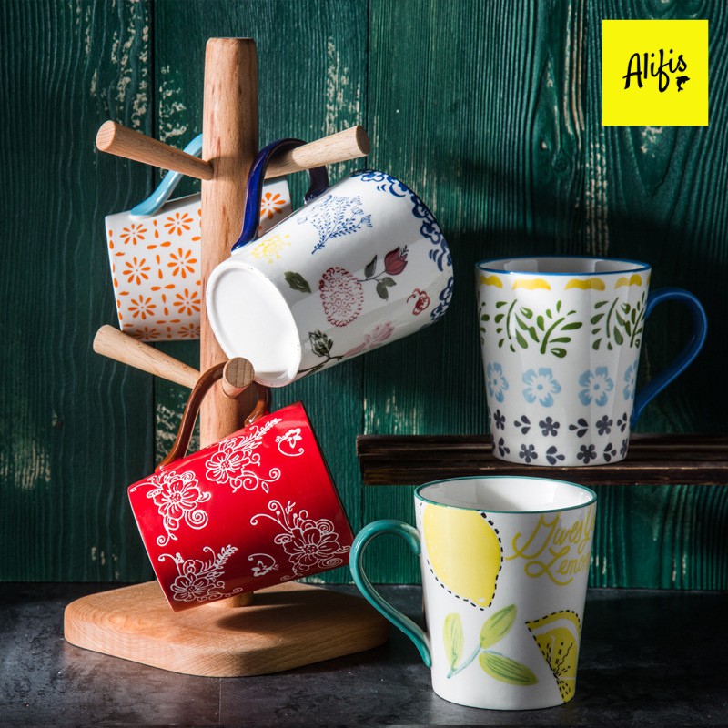 Cốc sứ, ly sứ uống trà, cafe 375ml họa tiết vẽ tay phong cách Bắc Âu (Cốc dáng cao)