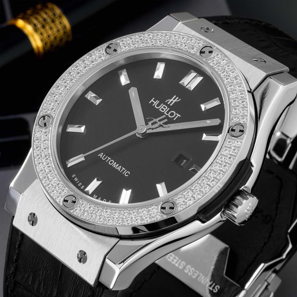 [Hublot nam - tặng box] Đồng hồ nam Hublot máy cơ automatic mặt tròn đính viền đá chống nước DH8803 phukien62