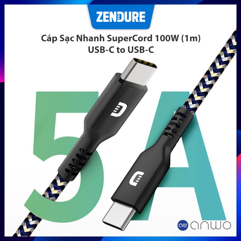 Cáp Sạc Nhanh USB-C To USB_C Zendure SuperCord Hỗ Trợ Sạc Nhanh PD 100W Sử Dụng Được Cho Macbook, Huawei, Xiaomi