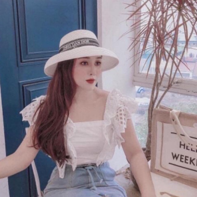 Mũ cói chuông nhỏ vành cụp nơ dio đen