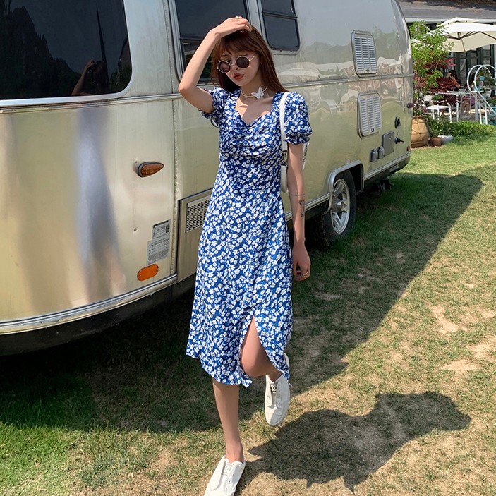 Xiaozhainv Đầm Maxi Tay Ngắn Cổ Chữ V Họa Tiết Hoa Phong Cách Retro | BigBuy360 - bigbuy360.vn