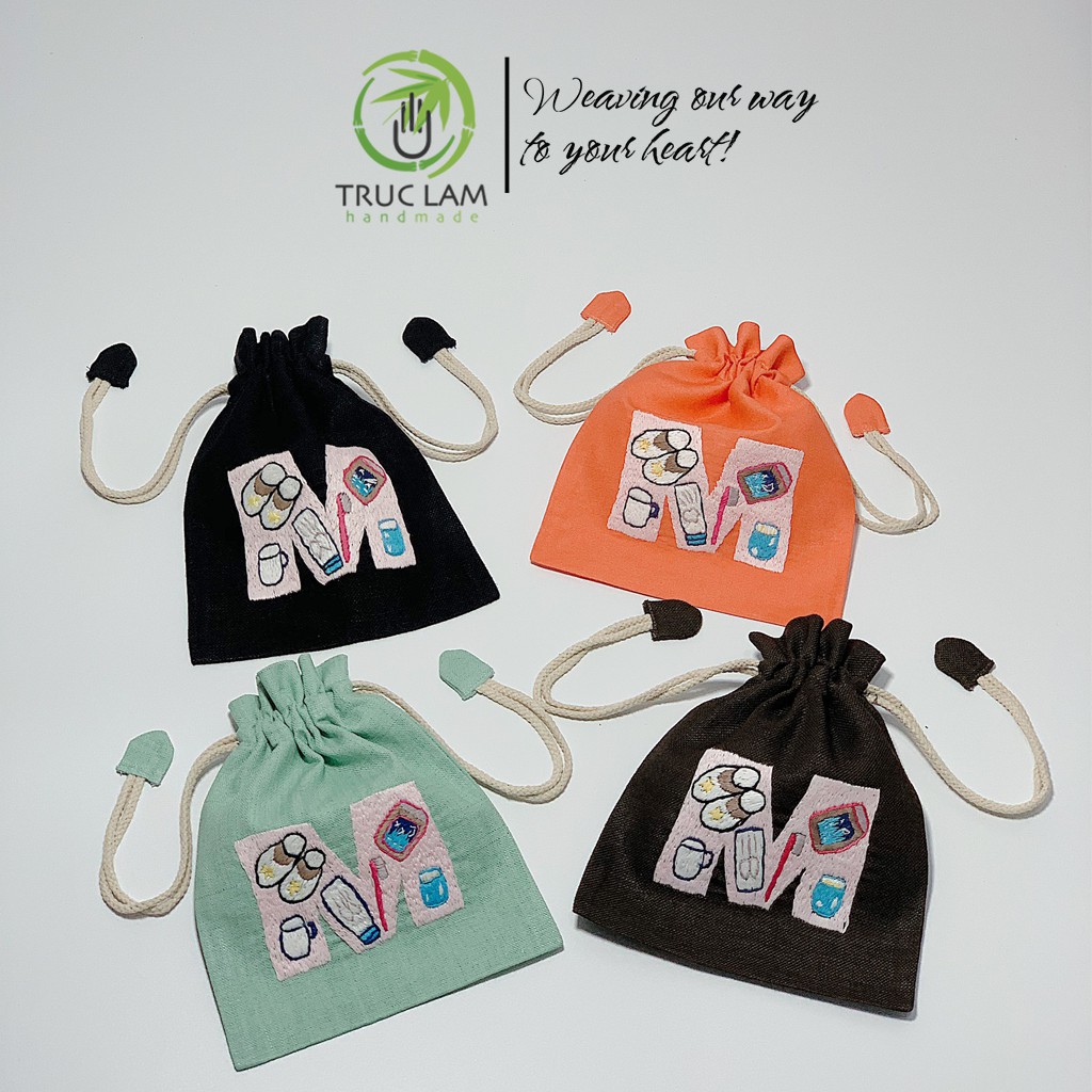 Túi Dây Rút Thêu Tay Họa Tiết Chữ Cái M Phối Hoa Văn Nhiều Màu Sắc - Trúc Lâm Handmade