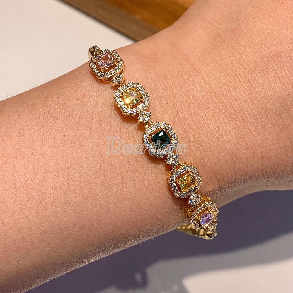 Vòng Tay Công Chúa Tourmaline Mặt Vuông Đính Đá Giả Kim Cương Thời Trang Cho Nữ