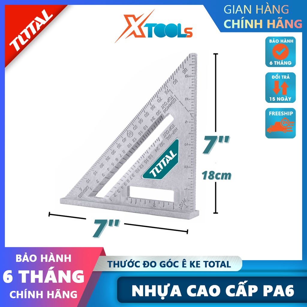 Thước ê ke 7 inch TOTAL TMT61201 Thước đo góc kích thước 7in*7in, chất liệu PA6, trọng lượng nhẹ [CHÍNH HÃNG][XTOOLS]
