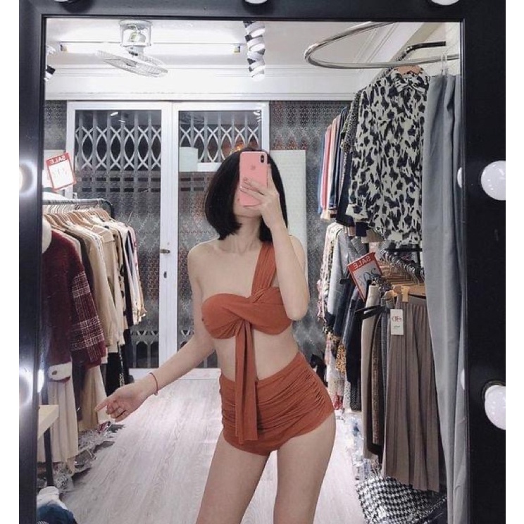 bikini áo gọng 1 vai kèm quần nhún cạp cao