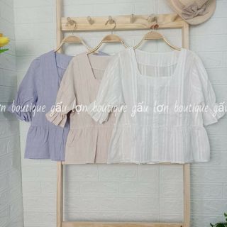 Áo babydoll cổ vuông nhún bèo vintage ảnh thật