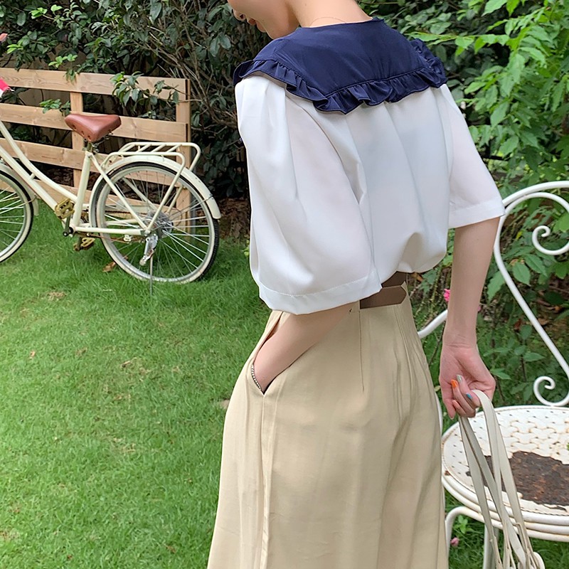 Áo kiểu tay ngắn cổ chữ V phong cách thanh lịch cho nữ 34249