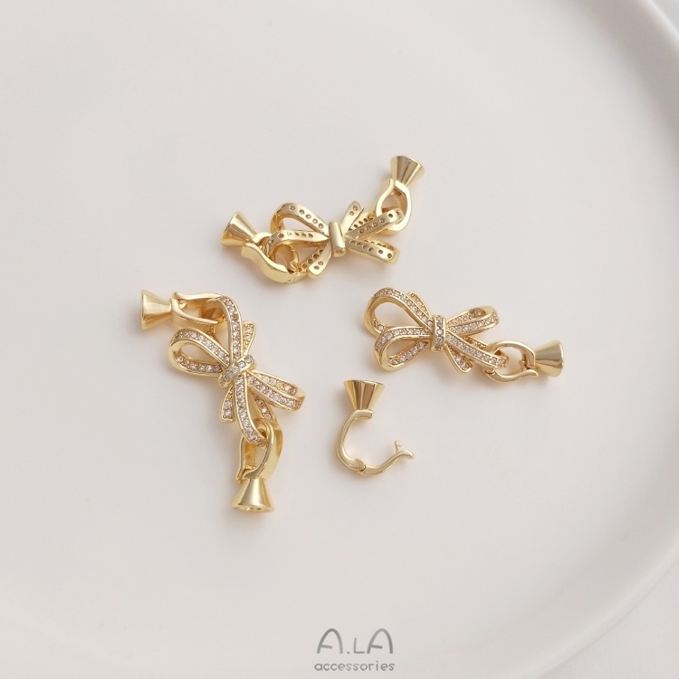 Khóa Cài Mặt Dây Chuyền Hình Nơ Hồng Zircon Mạ Vàng 14K Đính Ngọc Trai Giả diy Màu Sắc Đa Dạng