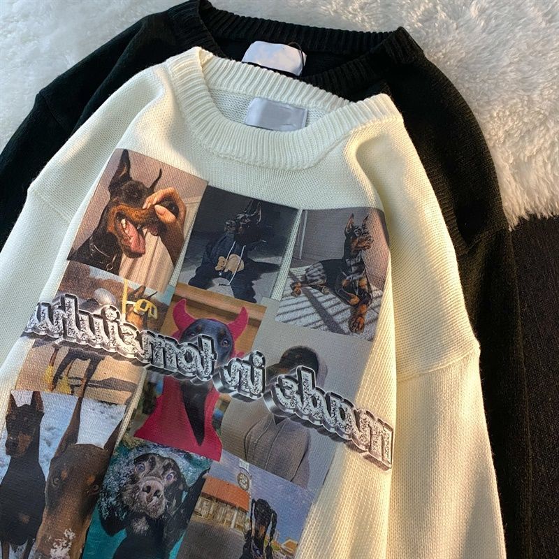 Áo sweater cổ tròn in họa tiết kiểu retro Mỹ thời trang thu đông cho nam 2021