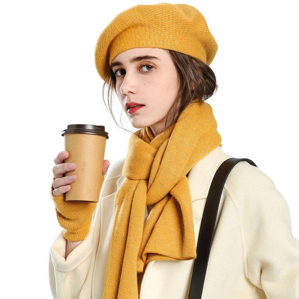 Set 3 Món Găng Tay + Mũ + Găng Tay + Găng Tay Len Cashmere Mềm Mại Mùa Đông