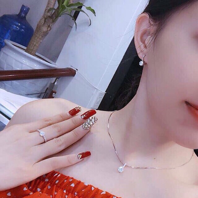 Bộ trang sức bạc ta gắn đá nhân tạo trắng nhỏ xinh xắn - LINH'S MIU SILVER