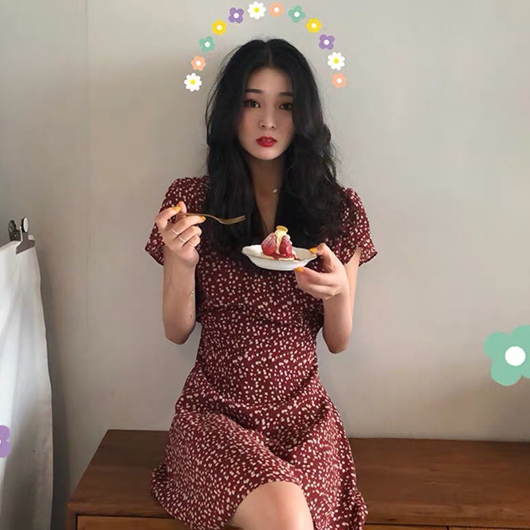 Đầm vintage hoa nhí cổ tim ngắn tay phong cách ulzzang Hàn Quốc V28 - Peyy Clothing | BigBuy360 - bigbuy360.vn